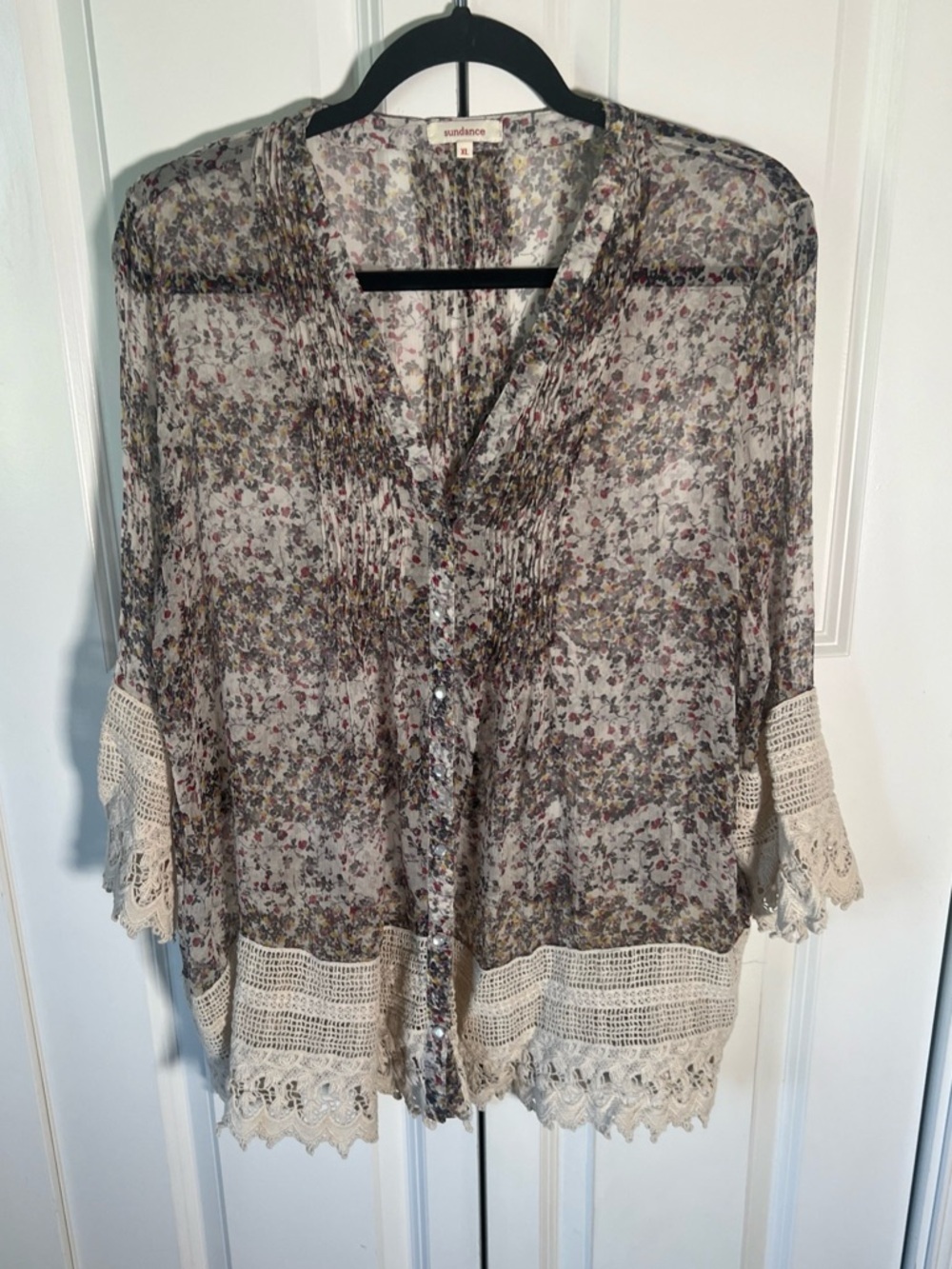 Sundance Sheer Silk Floral Blouse with Crochet Trim - Cream Multi